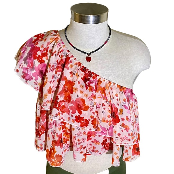 Floral Print One Shoulder Ruffle Trim Top - Picture 15 of 15